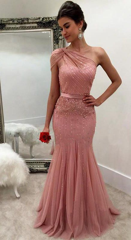 One Shoulder Mermaid Long Prom Dress with Beading,Fashion Dance Dress,Sweet 16 Dress PDP0243