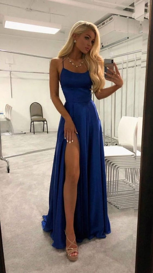 Simple Royal Blue A Line Long Prom Dresses with Slit PDP0334