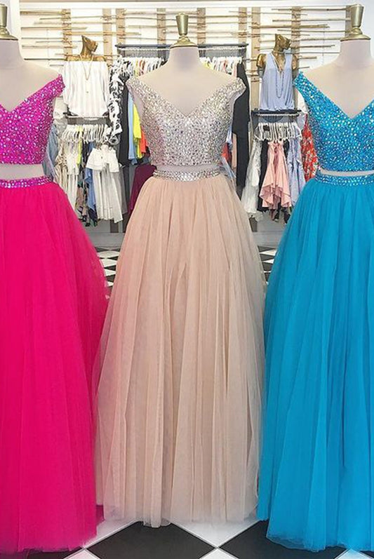 Two Pieces Long Prom Dresses with Beading,Evening Dresses,Winter Formal Dresses,BP595