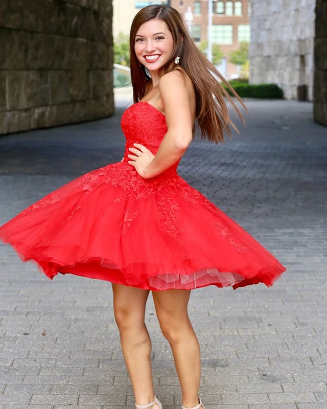 Strapless Red Lace Homecoming Dresses,Short Prom Dresses,Dance Dress BP429