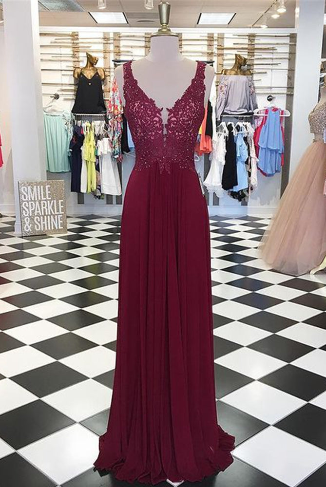 V-neck Long Prom Dresses with Appliques and Beading,Evening Dresses,Formal Dresses,BP584