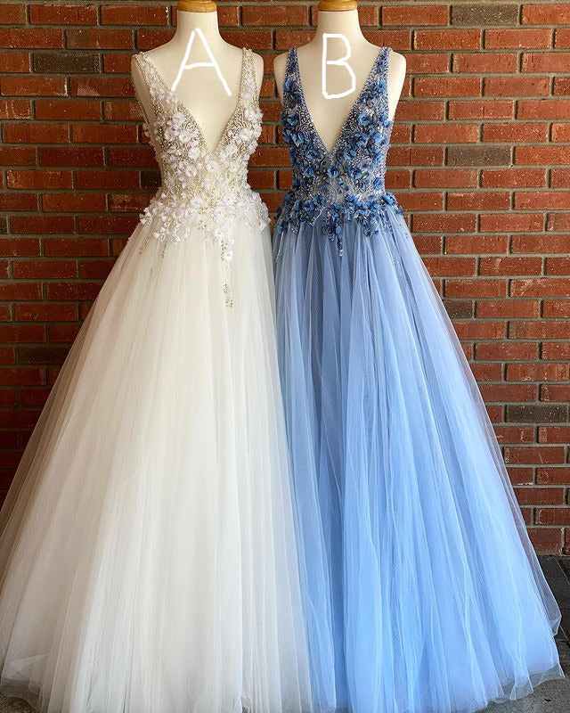 V-neck Tulle Long Prom Dress with Appliques and Beading,Popular Evening Dress,Fashion Winter Formal Dress,BP143