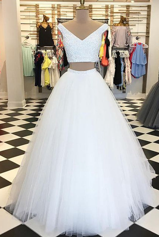 White Two Pieces Long Prom Dresses with Beading,Evening Dresses,Formal Dresses,BP585