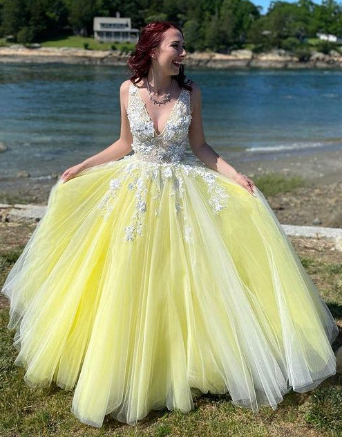 V-neck Tulle Long Prom Dress with Appliques and Beading,Formal Dress,Evening Dress,BP185