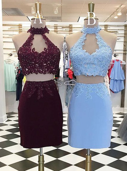 Two Pieces Homecoming Dresses with Appliques and Beading,Short Prom Dresses,Dance Dress BP444