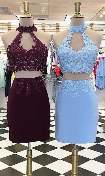 Two Pieces Homecoming Dresses with Appliques and Beading,Short Prom Dresses,Dance Dress BP444