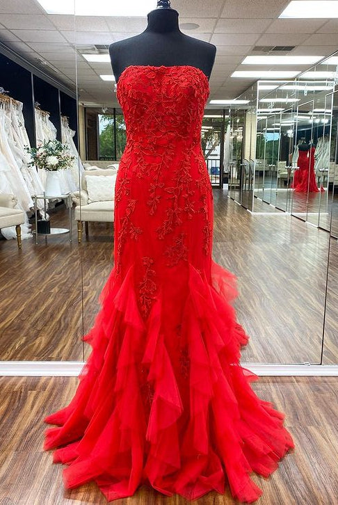 Strapless Red Tulle Long Prom Dresses with Appliques and Beading,Evening Dresses BP493