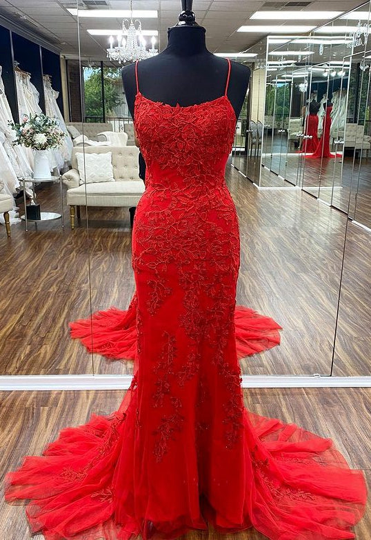 Red Mermaid Lace/Tulle Long Prom Dresses with Appliques and Beading,Evening Dresses BP492