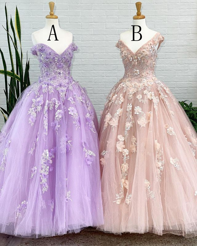 V-neck Ball Gown Tulle Long Prom Dresses with Appliques and Beading,Sweet 16 Quinceanera Dress,BP258