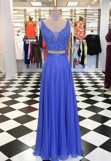Two Pieces Long Prom Dress with Beading, Popular Evening Dress ,Fashion Winter Formal Dress,BP115
