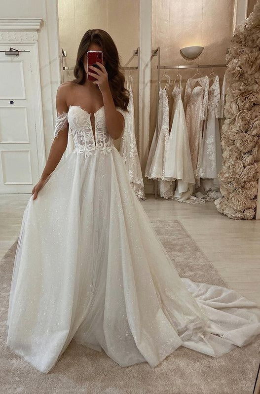 A-line Sparkly Wedding Dresses with Appliques,Custom Made Bridal Dresses,PDW127