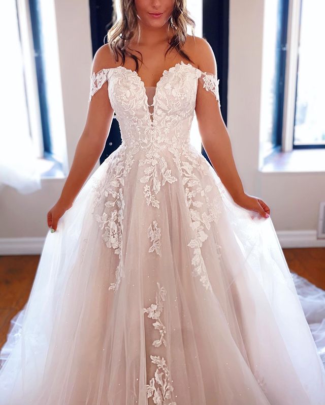 Off Shoulder A-line Tulle Wedding Dresses with Appliques and Beading,Custom Made Bridal Dresses,PDW118