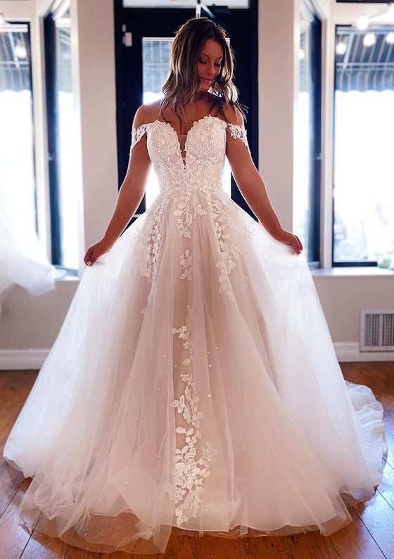 Off Shoulder A-line Tulle Wedding Dresses with Appliques and Beading,Custom Made Bridal Dresses,PDW118