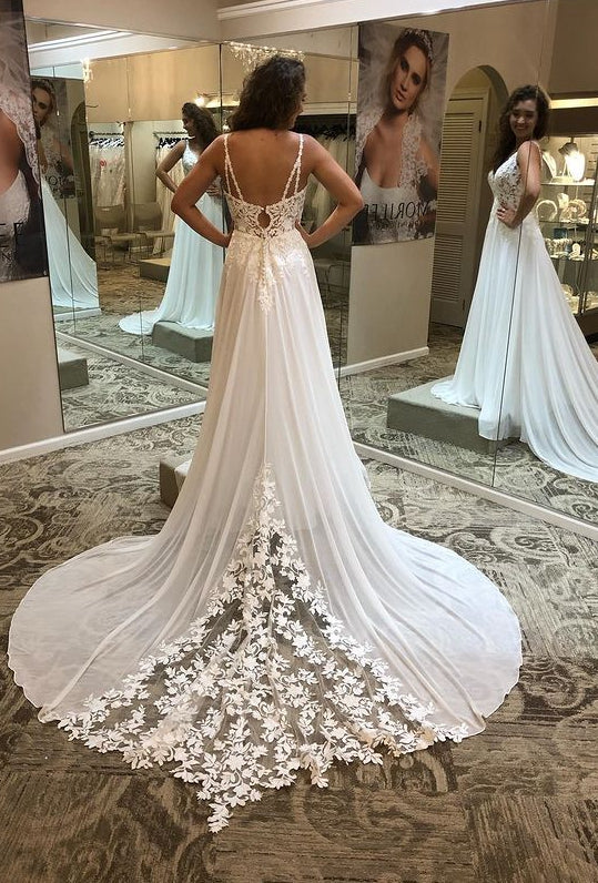 V-neck A-line Beach Wedding Dresses,Custom Made Bridal Dresses,PDW124