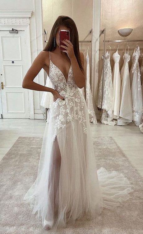Sexy A-line Tulle/Lace Beach Wedding Dresses,Custom Made Bridal Dresses,PDW125