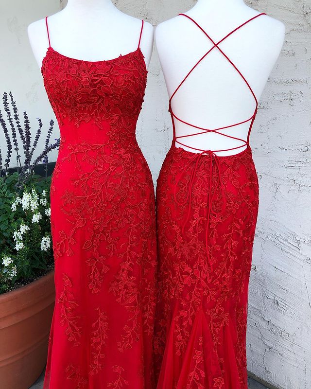 Red Tulle/Lace Mermaid Long Prom Dresses with Appliques and Beading,Evening Dresses,Formal Dresses,BP524