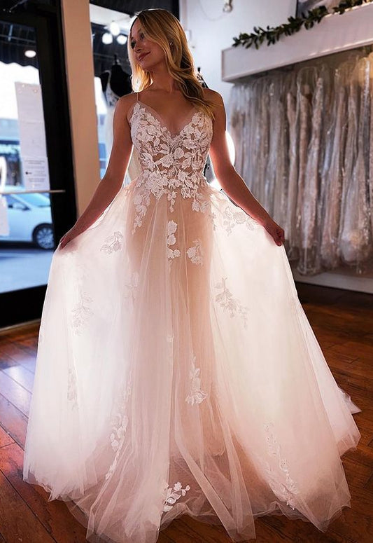 V-neck A-line Tulle/Lace Wedding Dresses,Custom Made Bridal Dresses,PDW131