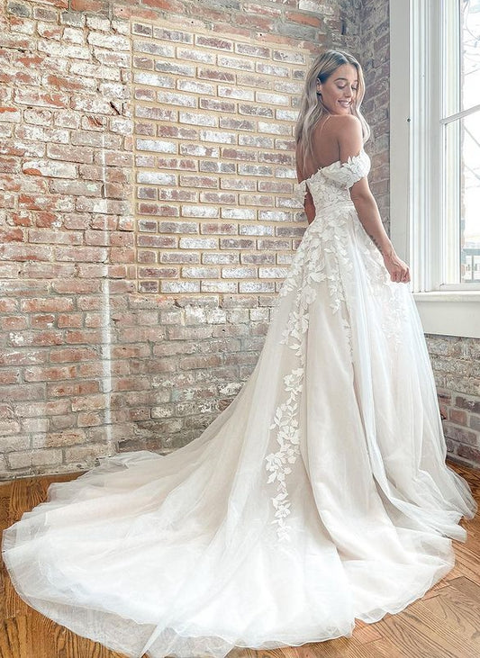 Off Shoulder A-line Tulle/Lace Wedding Dresses,Custom Made Bridal Dresses,PDW130