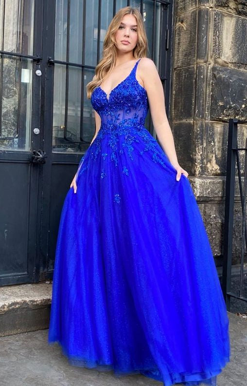 Royal Blue Lace/Tulle Long Prom Dresses,Evening Dresses,Winter Formal Dresses,BP659