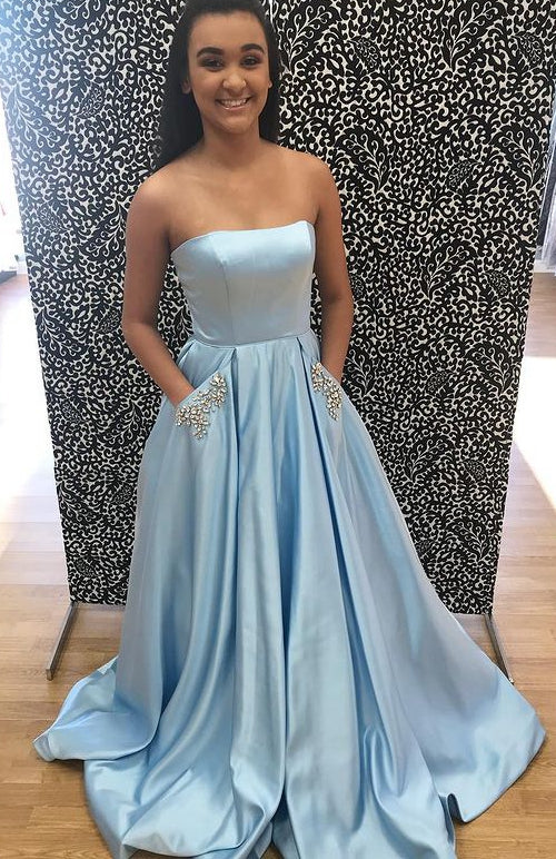 Strapless A-line Long Prom Dresses with Pockets,Evening Dresses,Formal Dresses,BP527