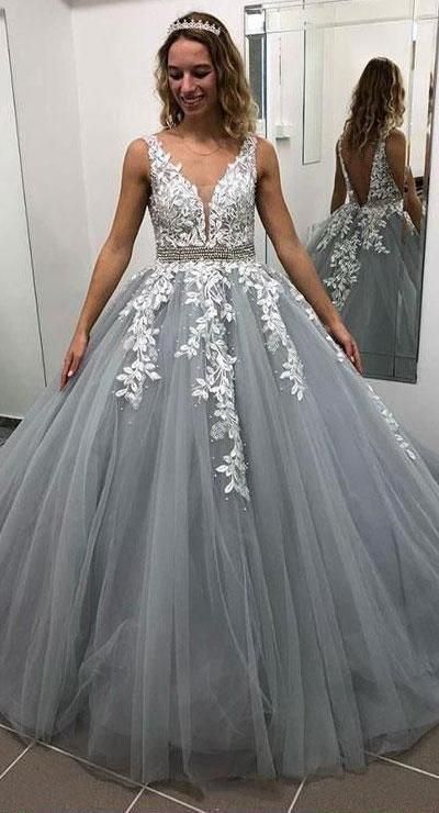 V-neck Ball Gown Long Prom Dress With Applique and Beading,Fashion Dance Dress,Quinceanera Dress,Sweet 16 Dress PDP0189