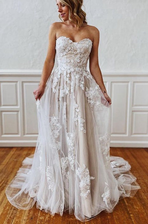 Strapless A-line Lace/Tulle Beach Wedding Dress ,Fashion Custom made Bridal Dress PDW137