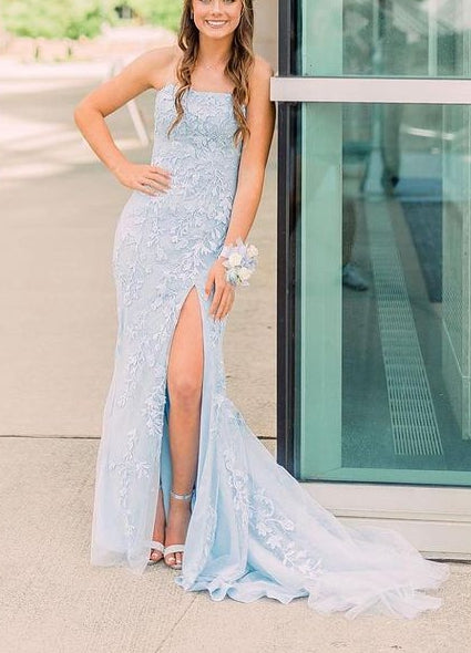 Strapless Lace/Tulle Long Prom Dresses with Slit,Evening Dresses,Formal Dresses,BP679