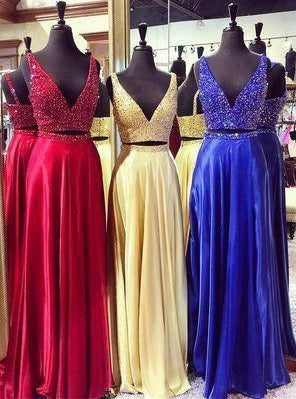 V-neck Two Pieces Long Prom Dress with Beading,Fashion School Dance Dress PDP0138