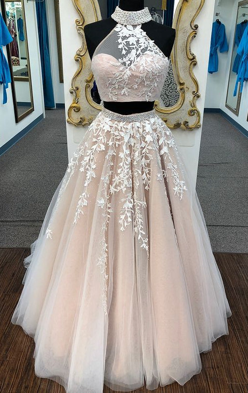 High Neck Two Pieces Lace Long Prom Dresses with Beading,Formal Dress,BP428