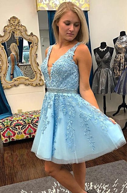 V-neck Tulle Homecoming Dresses with Appliques and Beading,Short Prom Dresses,Dance Dress BP357
