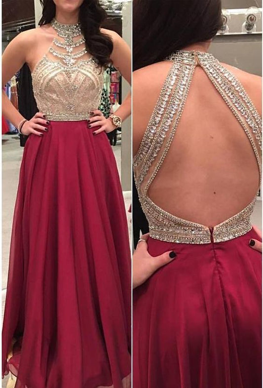 Open Back A-line Long Prom Dress with Beading Sweet 16 Quinceanera Dress PDP0367