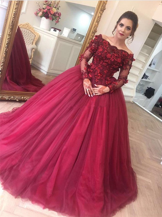 Off Shoulder Ball Gown Long Prom Dress with Sleeves,Fashion Dance Dress,Sweet 16 Quinceanera Dress PDP0261