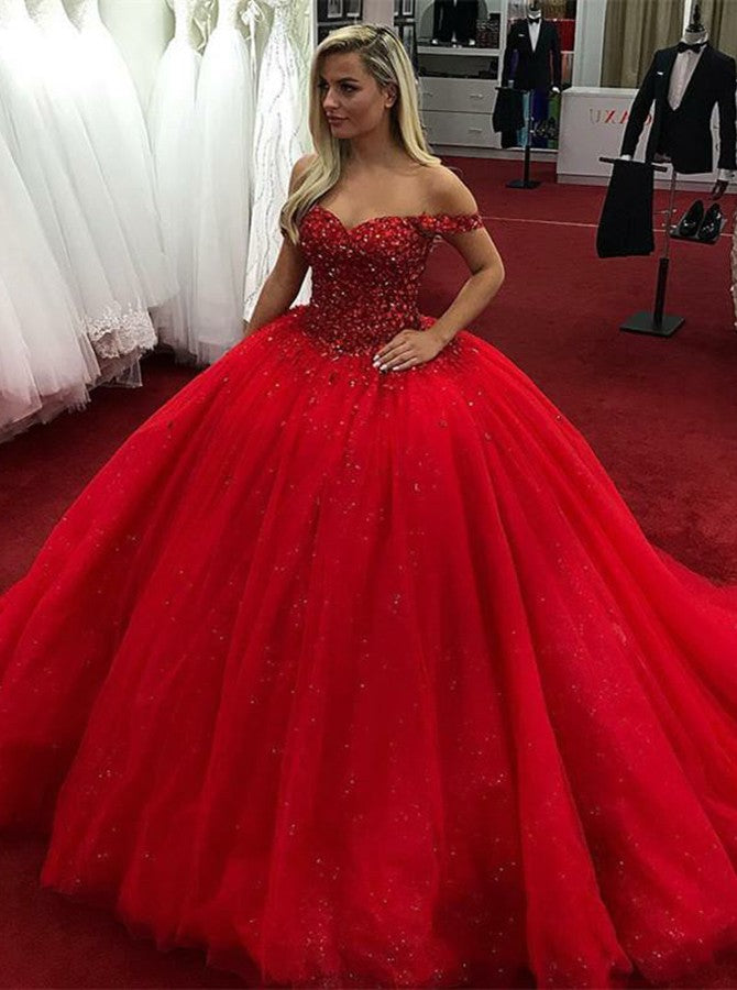 Off Shoulder Ball Gown Long Prom Dress with Beading,Fashion Dance Dress,Sweet 16 Quinceanera Dress PDP0262