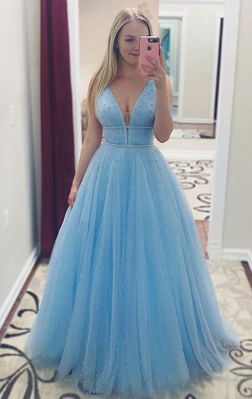 V-neck Sparkly Tulle Long Prom Dress with Beading,Formal Dress,Evening Dress,BP196