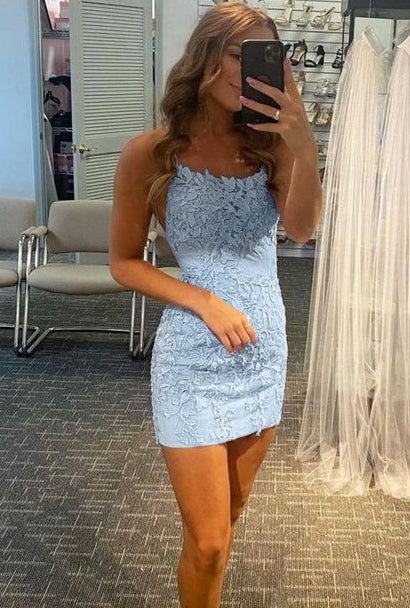 Sky Blue Lace Homecoming Dresses,Short Prom Dresses,Evening Dresses,Formal Dresses,BP516
