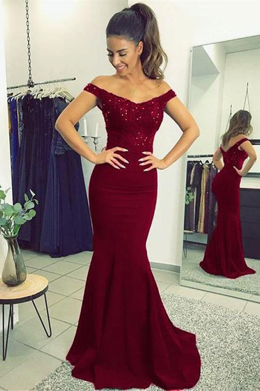 Off Shoulder Mermaid Long Prom Dress with Applique and Beading, Popular Bridesmaid Dress ,Fashion Wedding Party Dress PDP0028