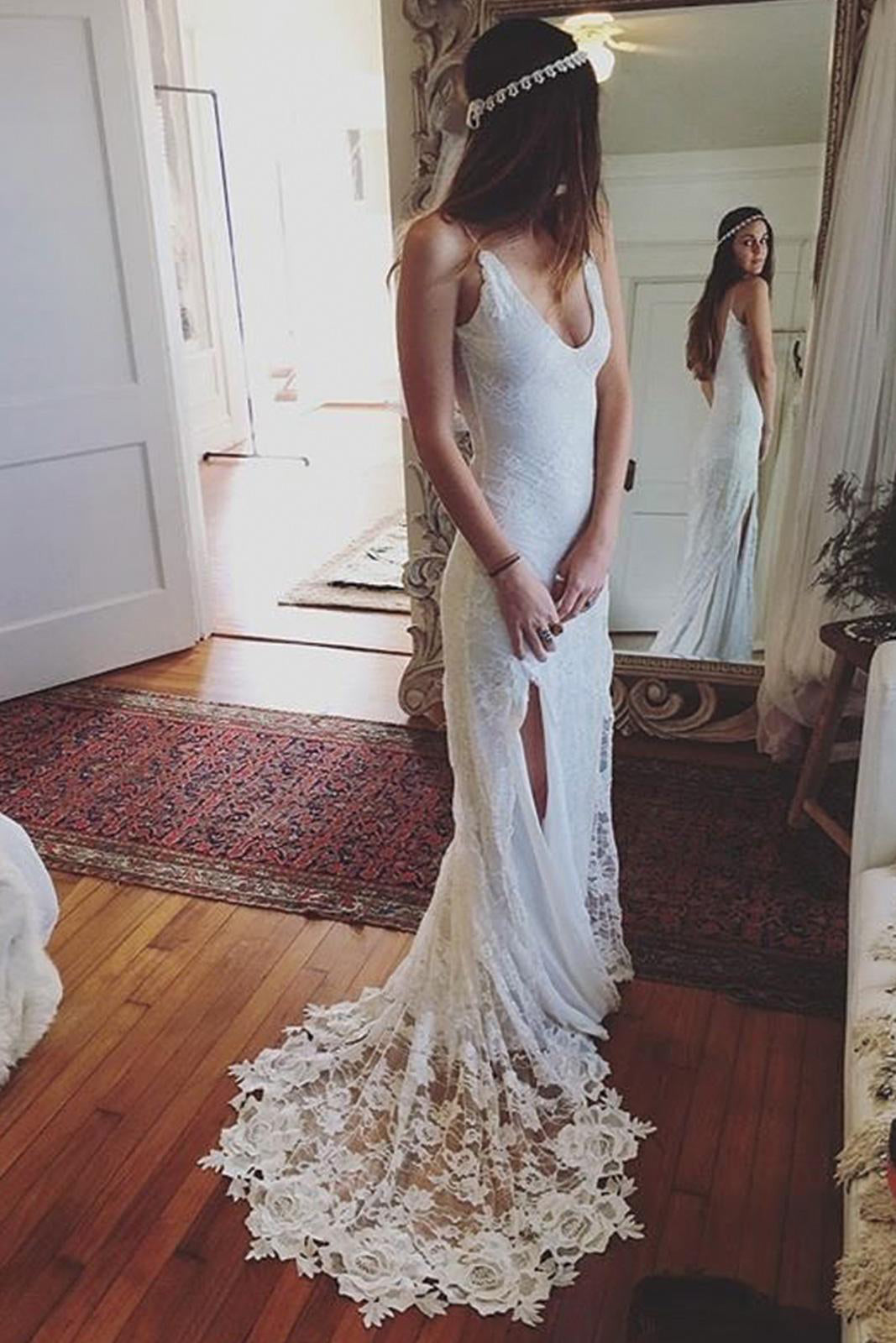 Gorgeous Lace Long Wedding Dress with Slit,Fashion Custom made Bridal Dress,PDW106