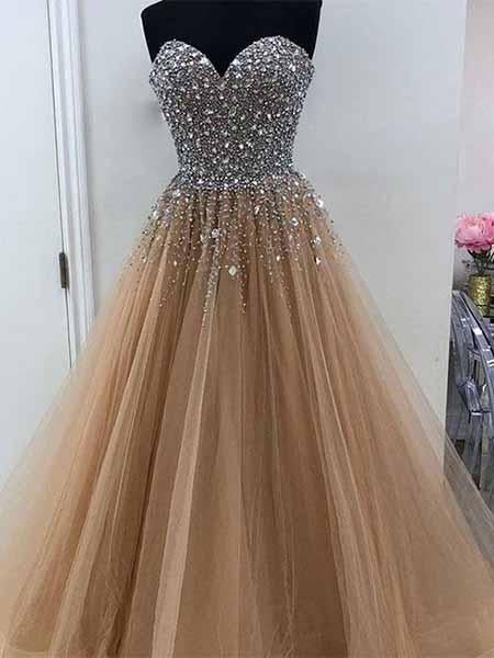 Sweetheart Tulle Long Prom Dress with Beading Fashion School Dance Dress Sweet 16 Quinceanera Dress PDP0375