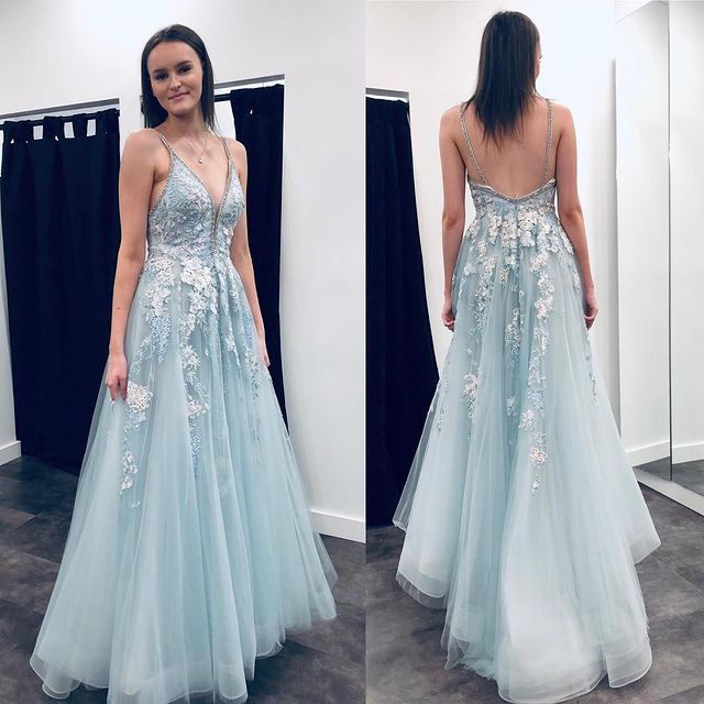 V-neck Open Back Tulle Long Prom Dresses with Appliques and Beading,Evening Dresses,Formal Dresses,BP564