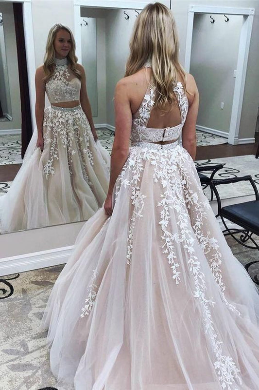 Two Pieces Long Prom Dresses with Applique and Beading 8th Graduation Dress School Dance Winter Formal Dress PDP0490