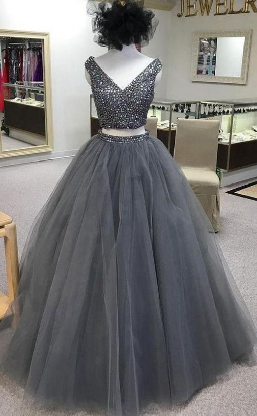 Two Pieces Ball Gown Long Prom Dress With Beading,Fashion Dance Dress,Quinceanera Dress,Sweet 16 Dress PDP0191