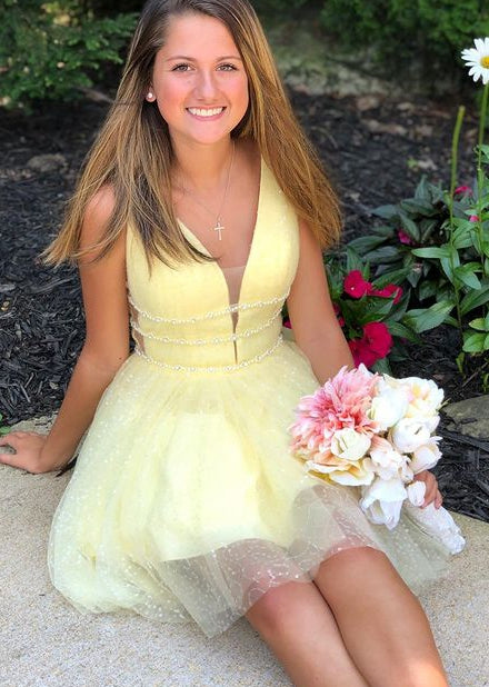 Yellow Sparkly Tulle Homecoming Dresses with Beading,Short Prom Dresses,Dance Dress BP369