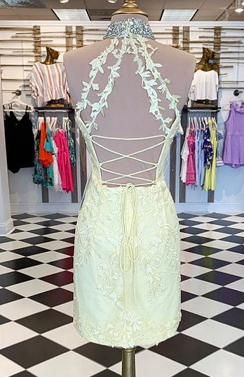 Yellow High Neck Sexy Lace Homecoming Dresses,Short Prom Dresses,Dance Dress BP437