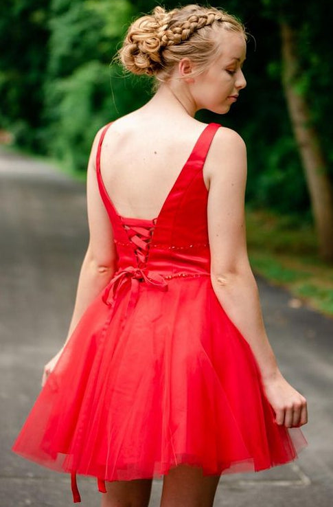 V-neck Red Homecoming Dresses,Short Prom Dresses,Dance Dress BP375