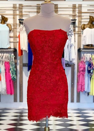 Strapless Red Sexy Lace Homecoming Dresses,Short Prom Dresses,Dance Dress BP435