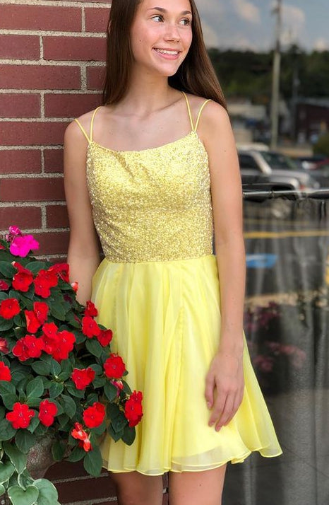 Yellow Beaded Homecoming Dresses,Short Prom Dresses,Dance Dress BP389