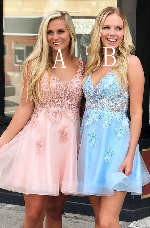 V-neck Lace/Tulle Homecoming Dresses with Beading,Short Prom Dresses,Dance Dress BP438