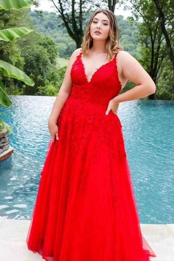 V-neck Red Lace/Tulle Long Prom Dresses with Appliques And Beading,Evening Dresses, BP500