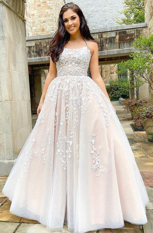 A-line Tulle Long Prom Dresses with Appliques and Beading,Evening Dresses,Formal Dresses,BP560