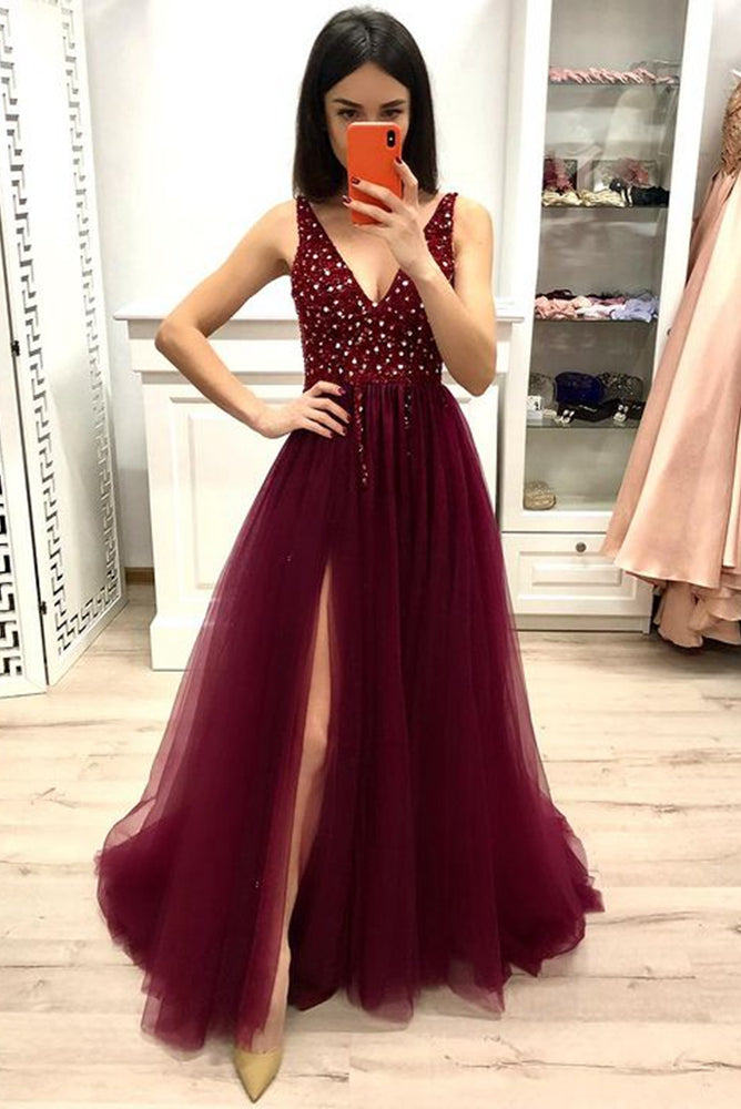 V-neck Tulle Long Prom Dress with Beading,Popular Evening Dress,Fashion Winter Formal Dress,BP126